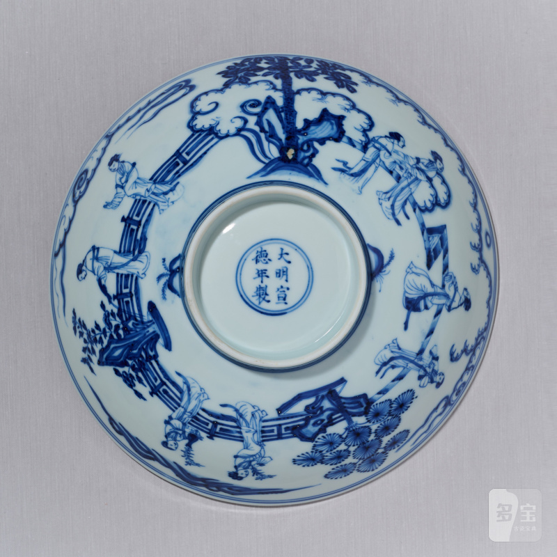 清康熙 仿宣窑青花瑶台赏月图大碗 - 图9